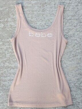 bebe Rhinestone Bling Logo Tan Nude Ribbed Scoop Tank Top, Womens L Y2K